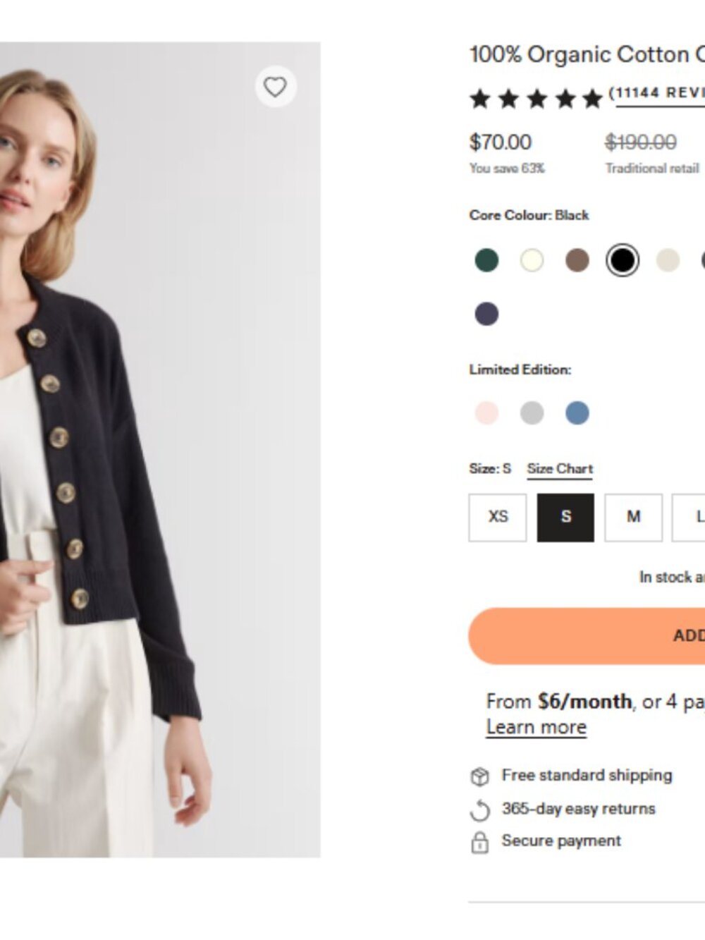 Quince 100% Organic Cotton Cropped Cardigan Black - Medium on hold @mcbarney30 - Picture 6 of 6